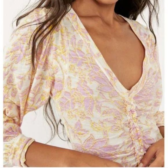 Free People Say The Word Ivory Combo XS long sleeve pink shirt blouse NWT $78 - Picture 3 of 8